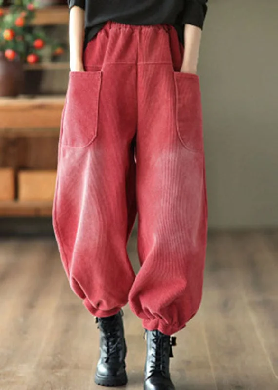 Friends and Family Sale Casual Red Elastic Waist Pockets Warm Fleece Corduroy Harem Pants Winter