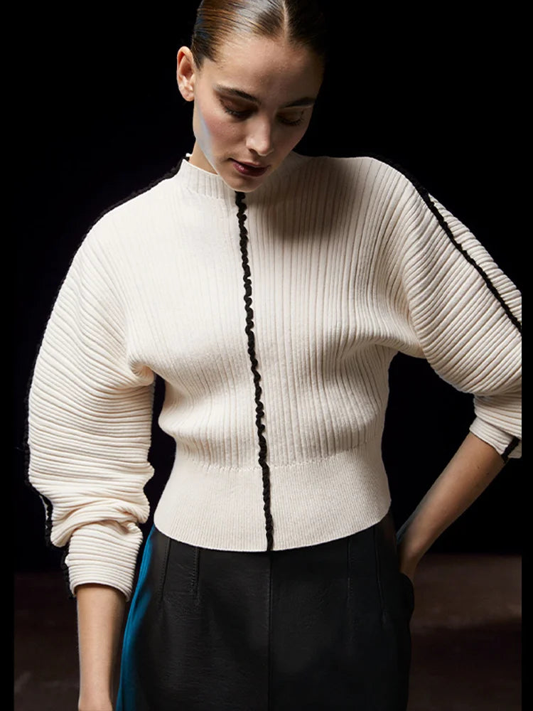Weekend Offers That Sizzle Elegant Contrast Stitching Knitted Pullover Women Casual O-neck Long Sleeves Warm Sweater