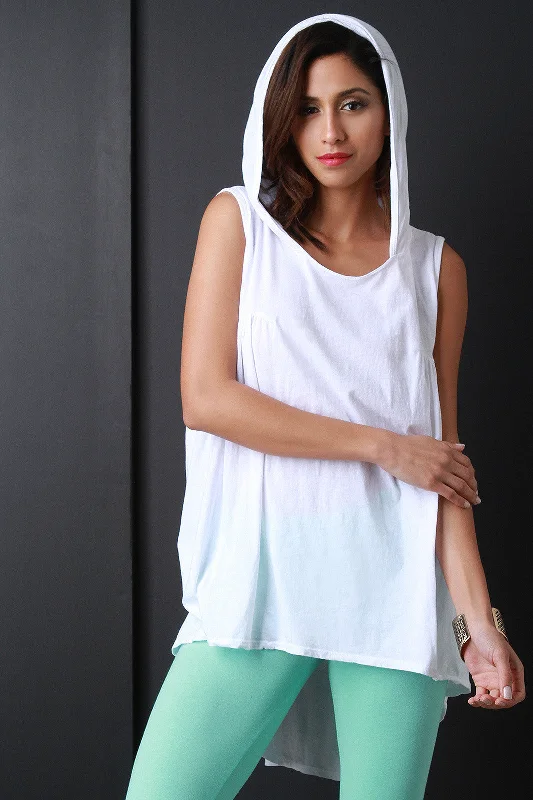Reduced Price Sleeveless Jersey Knit High Low Hooded Top