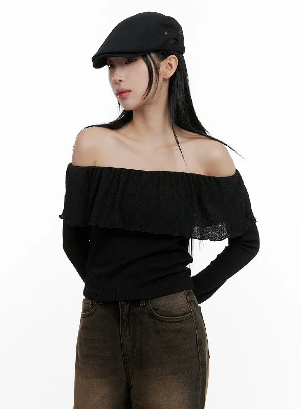 Super Bargain Ruffle Charm Off Shoulder Crop Top CN408