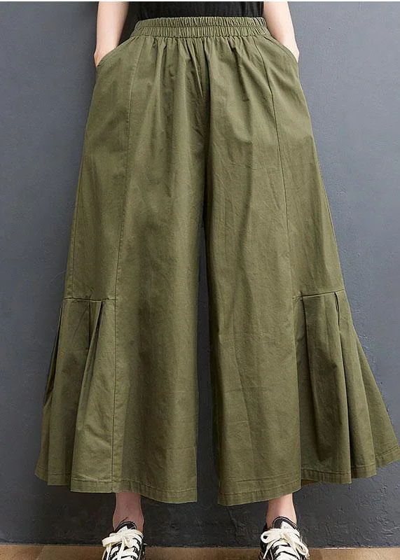 Unbeatable Prices Elegant Army Green Elastic Waist Wide Leg Pants Trousers Summer Cotton