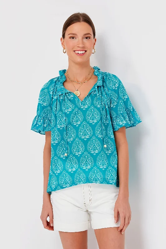 Special Offer Tropical Teal Lantern Block Print Cassis Top