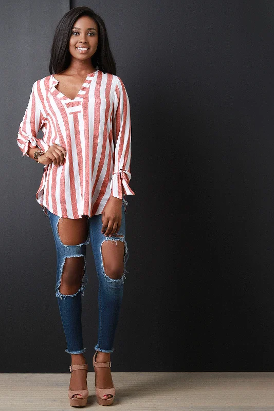 Seasonal Clearance Striped V-Neck Tied Sleeve Top