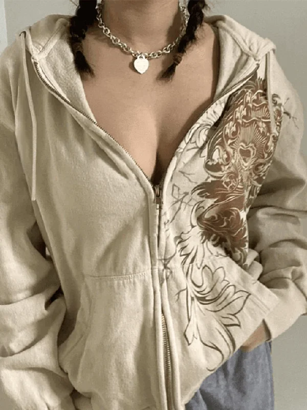 Grand Opening Sale Vintage Floral Graphic Zip Up Hoodie