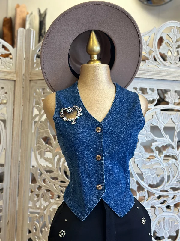 Flash Deal Dark Heart Rhinestone Cutout Denim Vest- Slightly Stretchy
