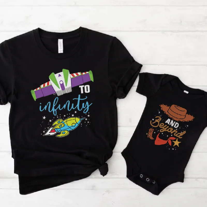 Price Drop To Infinity & Beyond Matching Black T-shirts & Baby Vest