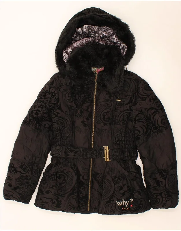 Hurry Up DESIGUAL Womens Hooded Padded Jacket EU 44 XL Black Paisley Polyester