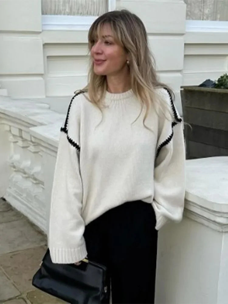 Weekend Bargains to Indulge In Women Elegant Contrast O Neck Knitted Casual Long Sleeve Loose Sweater