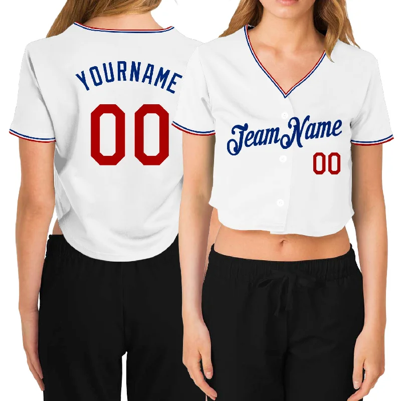 Flash Deal Custom Women's White Red-Royal V-Neck Cropped Baseball Jersey