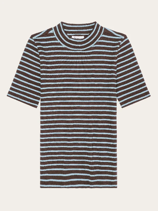 Weekend Offers That Dazzle Striped rib high neck short sleeved - Brown stripe
