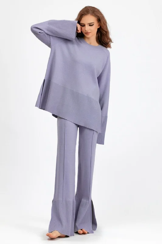 Limited Time Discount Basic Bae Slit Round Neck Long Sleeve Top and Drawstring Pants Sweater Set
