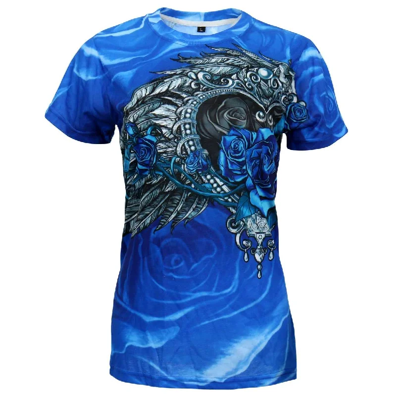 Daily Deals Hot Leathers Ladies Blue Angel Roses Fitted 3D All Over Printed T-Shirt GLS1002