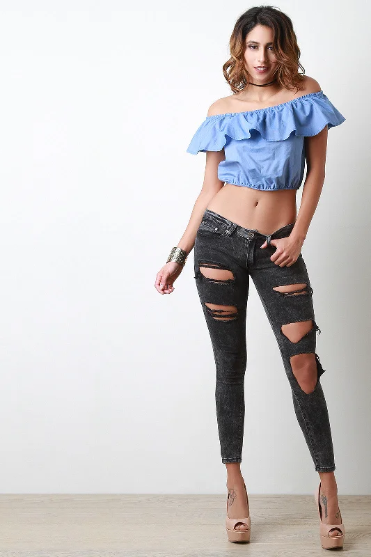Final Clearance Off The Shoulder Ruffle Trim Crop Top