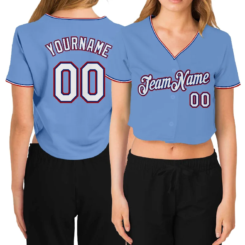Weekend-Only Price Drops Custom Women's Light Blue White Royal-Red V-Neck Cropped Baseball Jersey