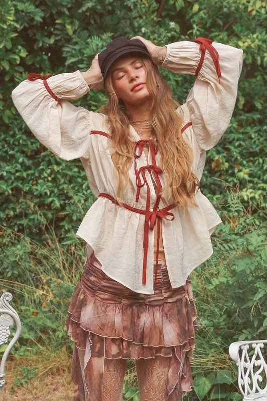 Weekend Sale: Don't Miss Out Briar Bow Tie Front Contrast Long Sleeve Blouse Top