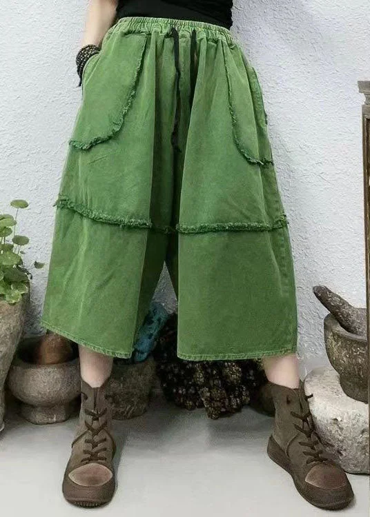 Sale Alert Boho Green Pockets Patchwork Elastic Waist Denim Crop Pants Summer