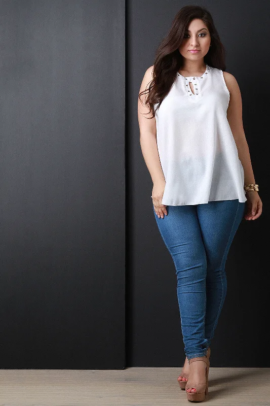 Take Advantage Keyhole Grommet Sleeveless Flowy Top