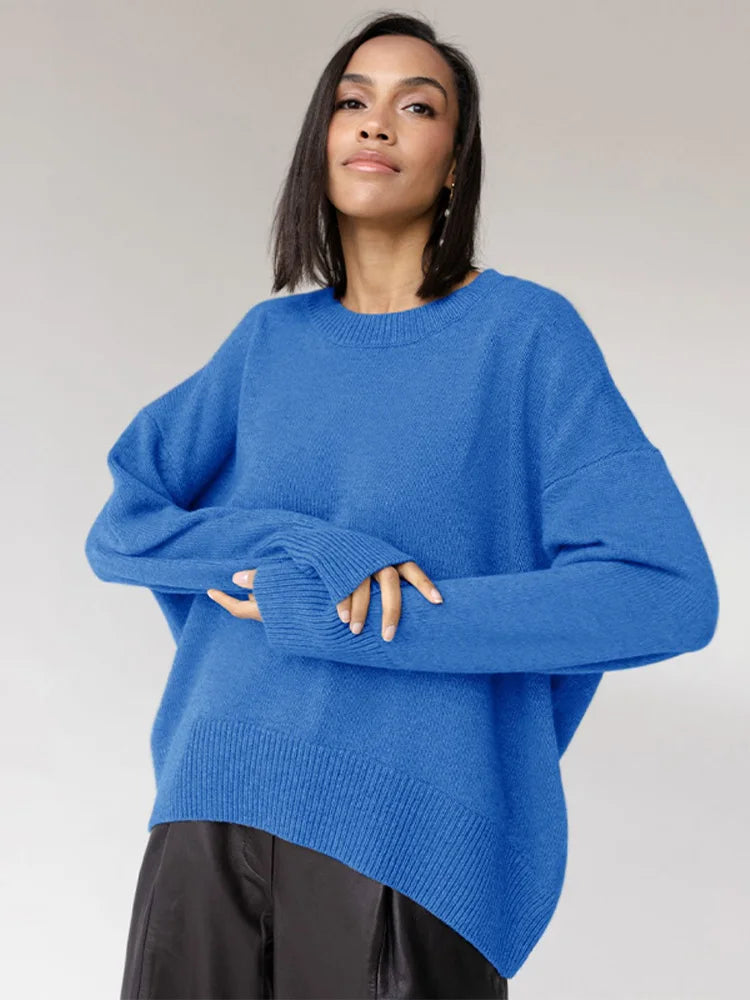 Weekend Discounts to Relish Elegant Solid Round Neck Pullover Women Casual Long Sleeve Loose Soft Warm Sweater