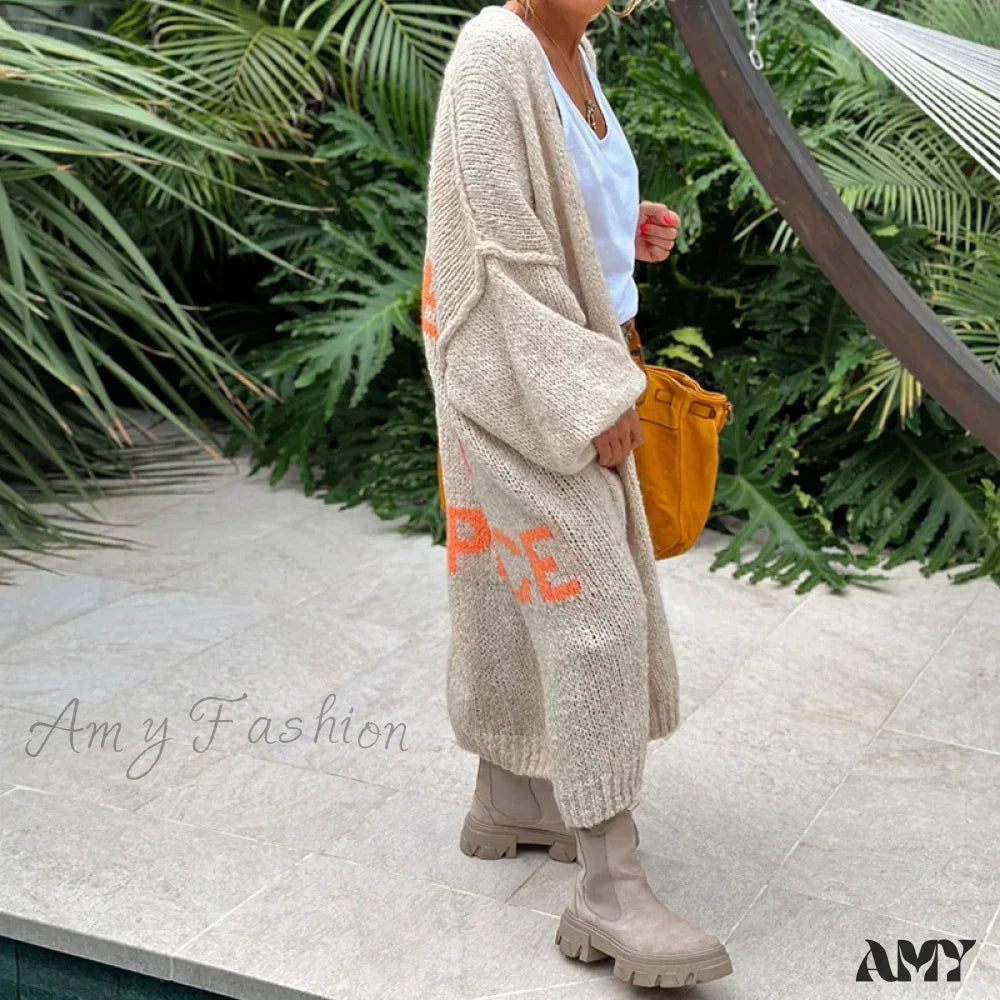 Crazy Deals Letter Print Long Cardigan Women Autumn V-neck Knitted Top Loose Winter Long Sleeve Stylish Sweater