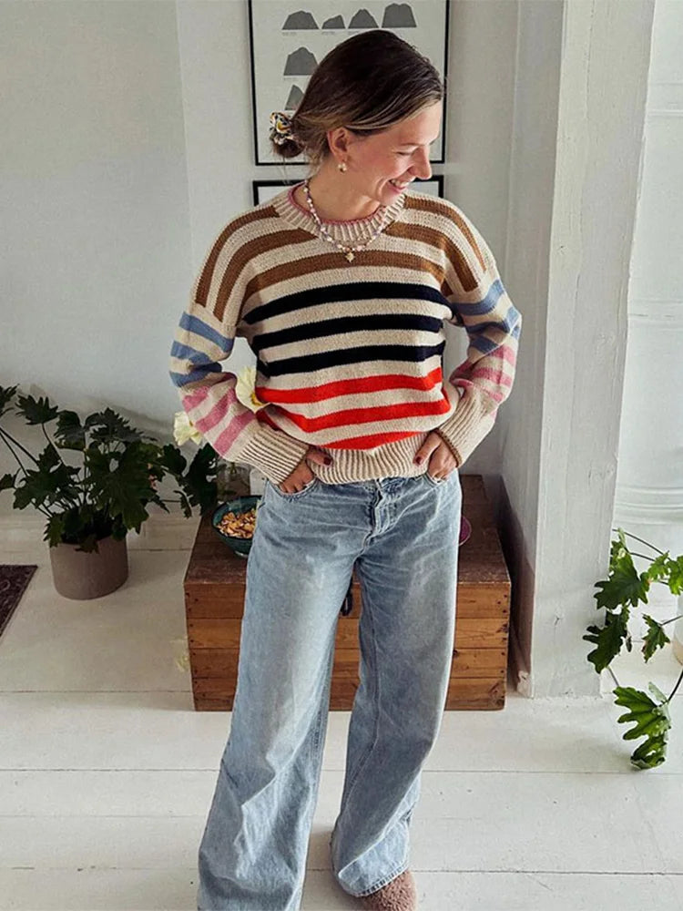 Daily Deals Colorful Striped Round Neck Knitted Pullover Loose Vintage Long Sleeve Sweater