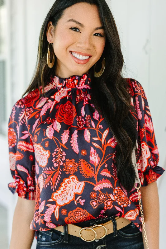 Clearance Event Feelings Of Love Navy Blue Floral Blouse