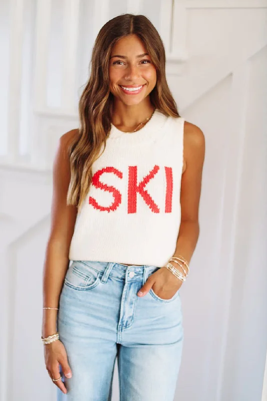 Friends and Family Sale Ski Chunky Cropped Sweater - Cream and Red