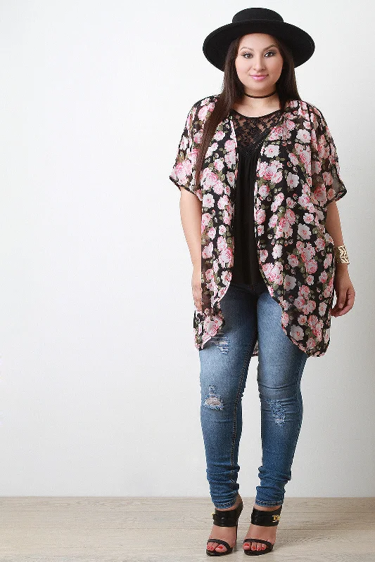 Savings Galore Long Rose Print Chiffon Kimono