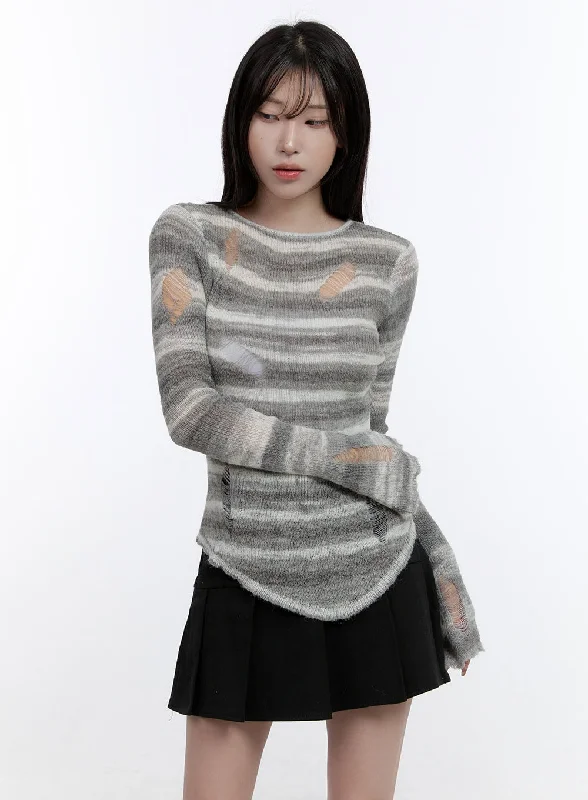 Super Savings Stripe Destroyed Long Sleeve Knit Top CO419