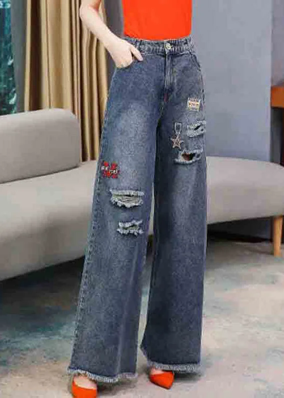Weekend Deals That Sizzle Casual Denim Navy Embroideried Elastic Waist Long Wide Leg Pants