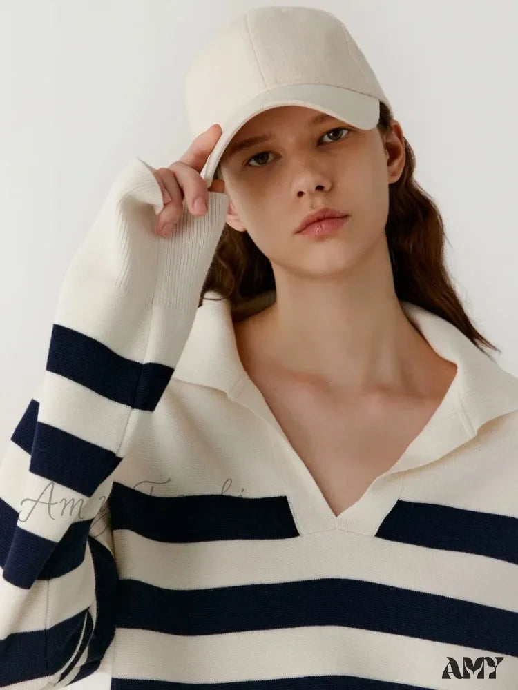 Today’s Special Women's Pullover Autumn/Winter 100% Wool Loose Casual Knit Navy Collar Sweater