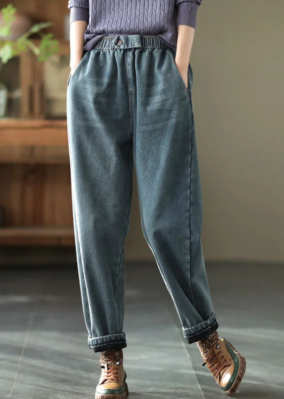 Your Weekend, Your Savings Boho Denim Blue Elastic Waist Pockets Thick Warm Fleece Harem Pants Winter