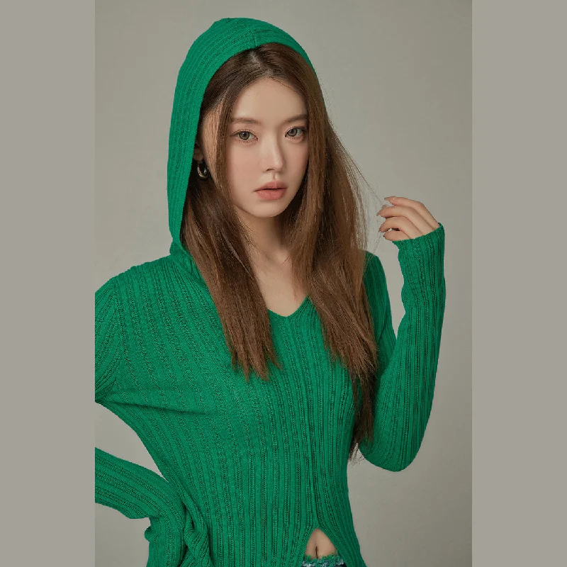 Weekend Bargains to Celebrate Slit Ribbed Hood Knit Sweater