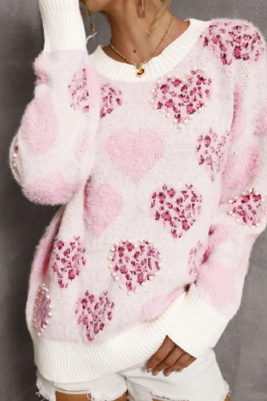 Low Cost Pearl Detail Heart Round Neck Sweater