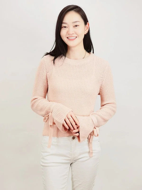 Weekend Discounts to Savor Bow Bell Sleeve Waffle Knit Sweater Pullover