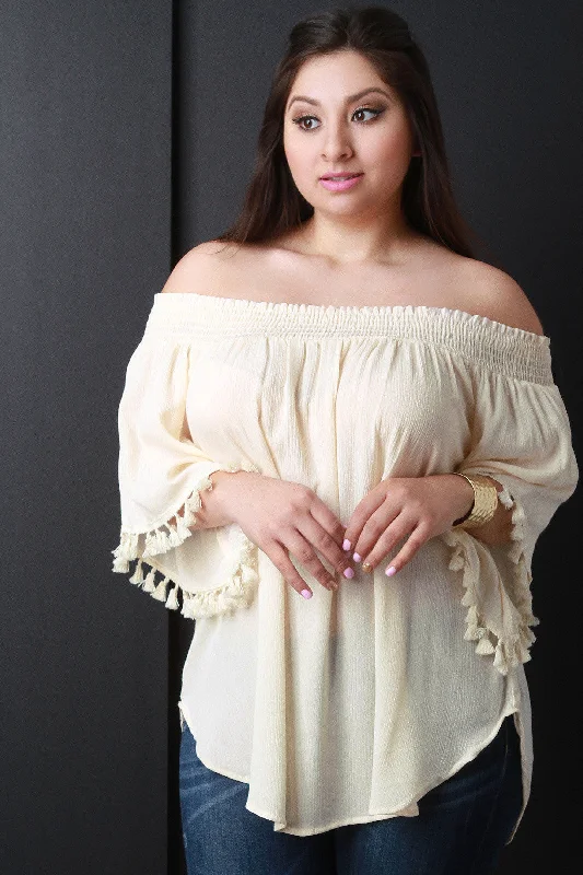 Weekend Bargains to Sizzle Off-The-Shoulder Tassel Bell Sleeve Blouse Top