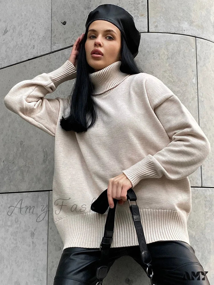 Reduced Prices Women's Thick Oversize Winter Warm White Pullovers High Neck Oversized Sweater
