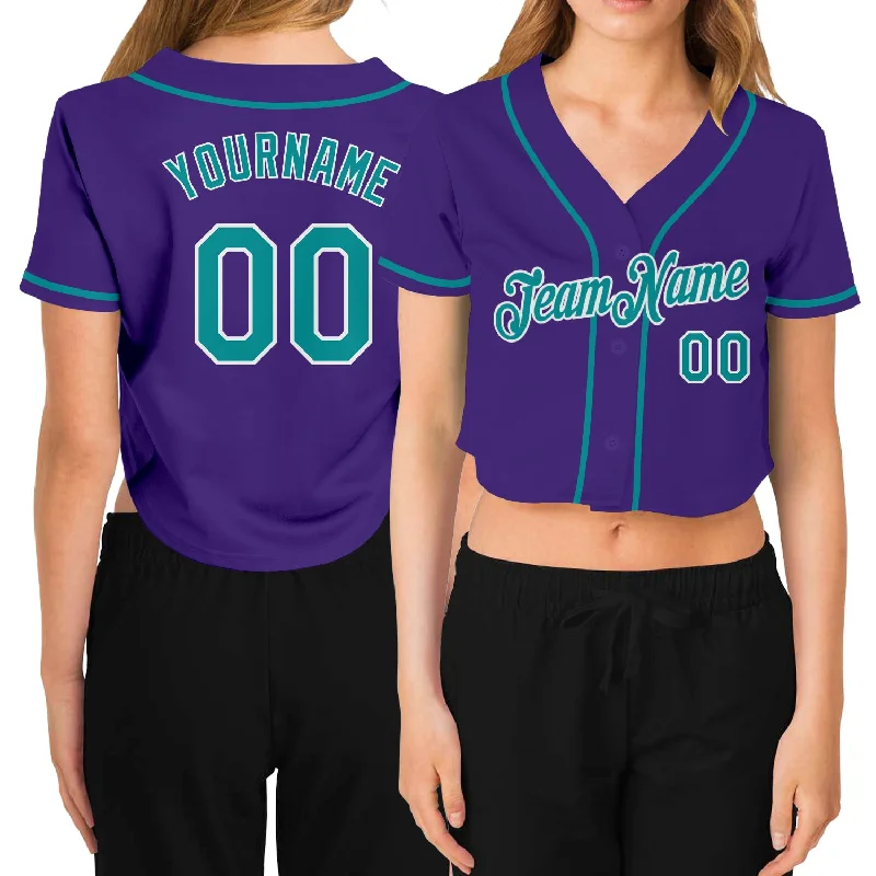 Special Offer Custom Women's Purple Aqua-White V-Neck Cropped Baseball Jersey