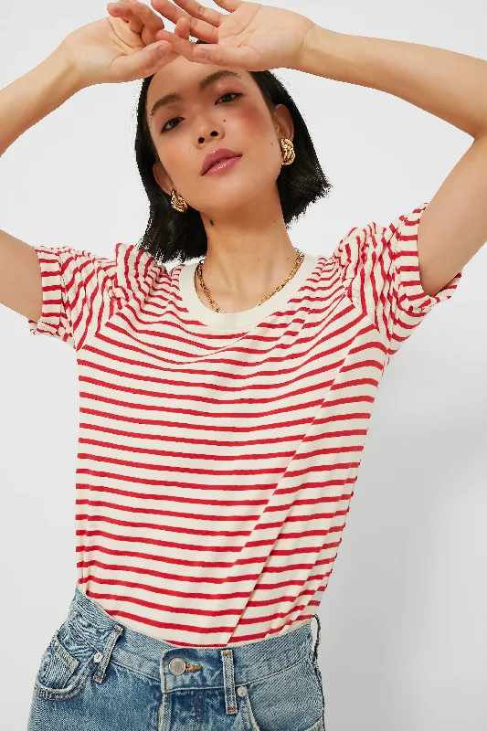 Weekend Sale: Don't Miss Out Red Striped Vesty Puff Short Sleeve Crewneck
