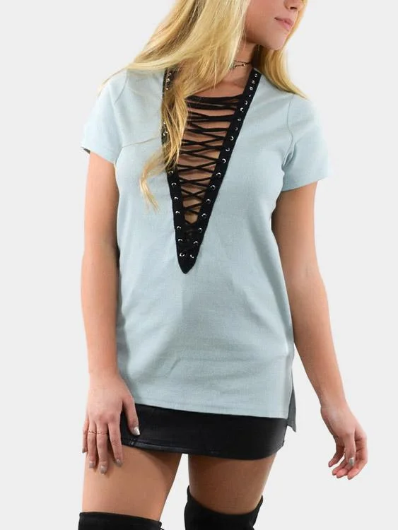 Factory Direct Sale Wholesale V-Neck Lace-Up Short Sleeve Green T-Shirts