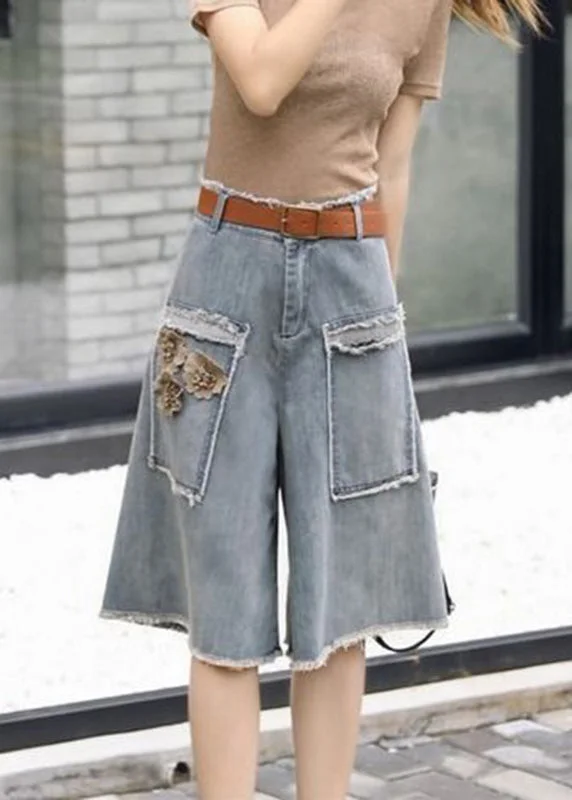 Big Discounts Chic Blue Floral High Waist Sashes Denim Crop Pants Summer