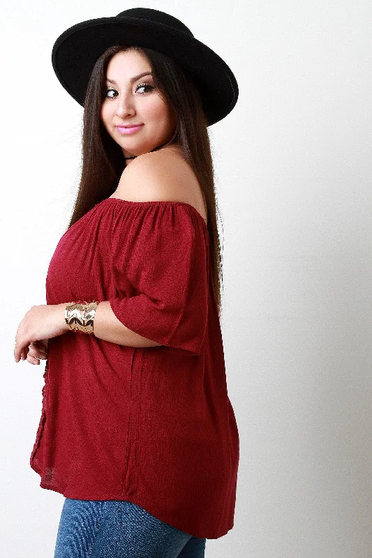 Midnight Madness Off The Shoulder Crochet Lace Leaves Panel Top