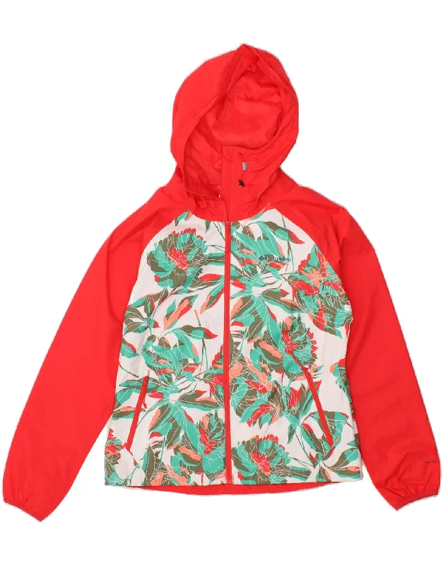 Final Clearance COLUMBIA Womens Hooded Rain Jacket UK 12 Medium Red Floral Polyester