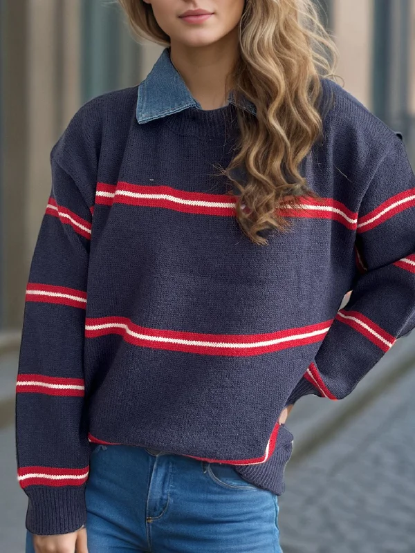 Price Blitz Contrast Stripes Round Neck Long Sleeve Sweater