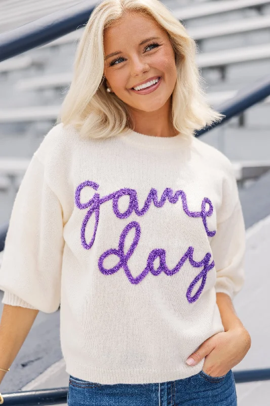 Markdowns It's Game Day Ivory/Purple Puff Sleeve Sweater