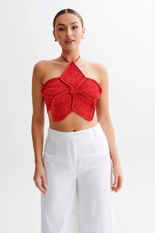 Exclusive Preview Bailey Floral Crochet Halter Top - Pomegranate