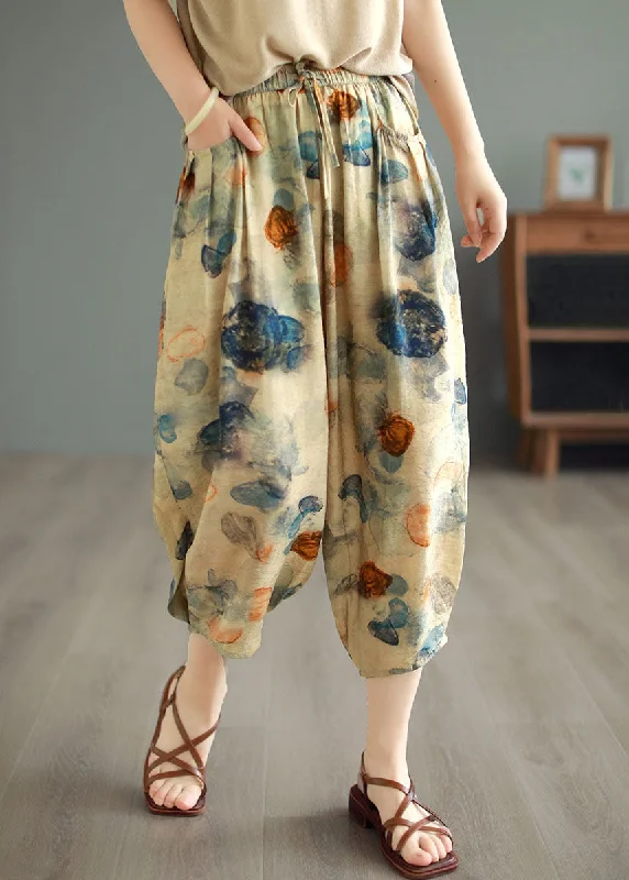 Online Exclusive Casual Khaki Elastic Waist Pockets Print Patchwork Cotton Lantern Pants Summer