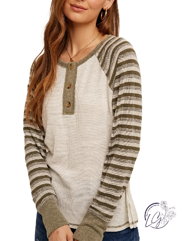 Weekend Savings Extravaganza Striped Contrast Knit Henley Top