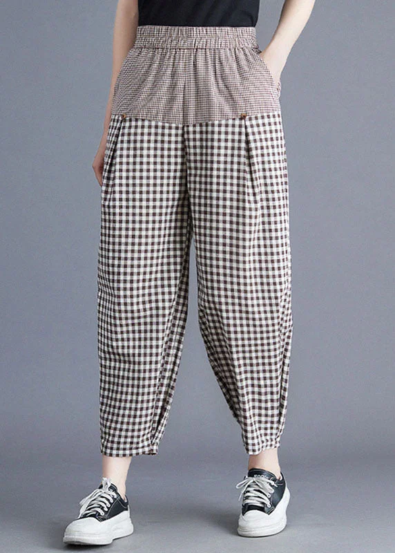 Fantastic Offers Casual Khaki Plaid Elastic Waist Patchwork Linen Harem Pants Summer