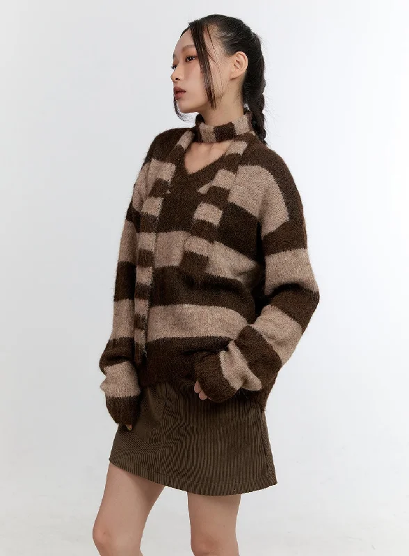 Value Deals Comfy Striped V-Neck Sweater with Muffler CN401