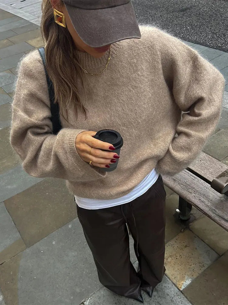 Weekend Bargains to Savor Elegant Solid Mohair Soft Knitted Pullover Women Casual O-neck Long Sleeve Loose Sweater